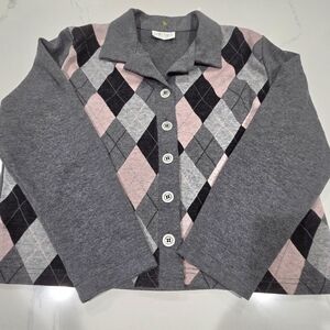 VTG Kate Allen Gray Argyle Cardigan Size L NWOT.